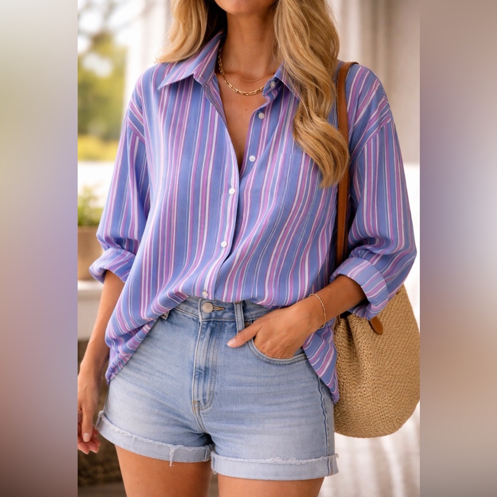 ALIA | Striped Button-Up Shirt, Roll-up Sleeves, Oversized, Women's US M/L